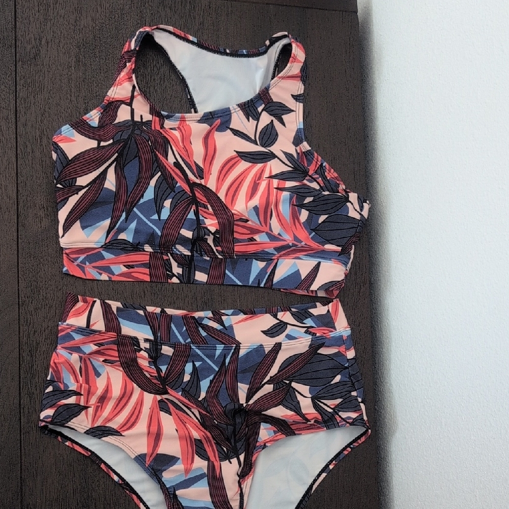 SHEIN Tropical Print Bikini - Pink and Blue